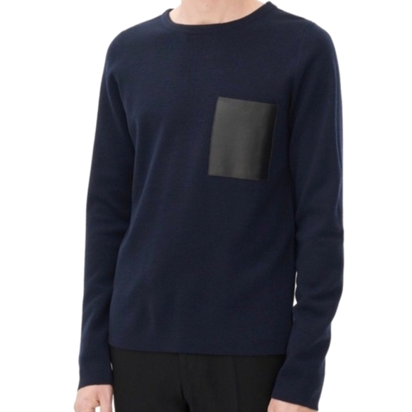 Sandro Men's Merino Wool Navy Sweater With Lamb Leather Pocket Small - Picture 15 of 15